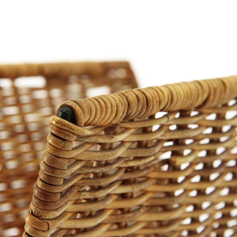 Vintage Black Metal and wicker magazine rack, 1950s