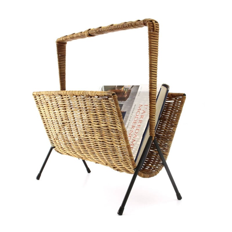 Vintage Black Metal and wicker magazine rack, 1950s