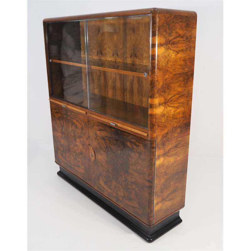 Vintage Showcase Art Deco Walnut Veneer by Jindřich Halabalafor for UP Závody, 1930s