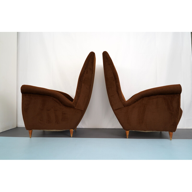 Pair of vintage Brown velvet Armchairs by Gio Ponti, Italian 1950s