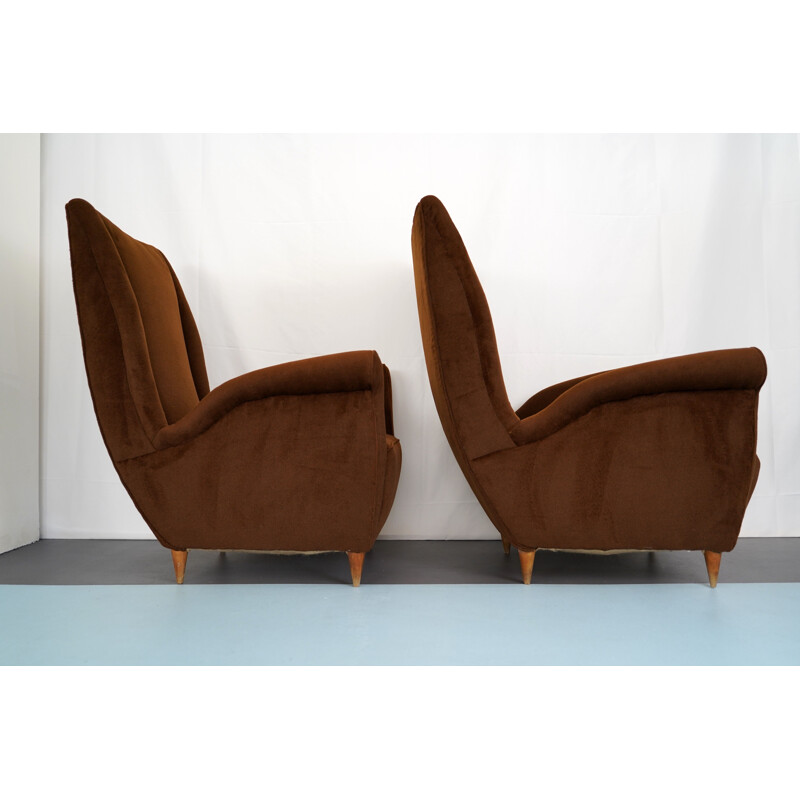 Pair of vintage Brown velvet Armchairs by Gio Ponti, Italian 1950s