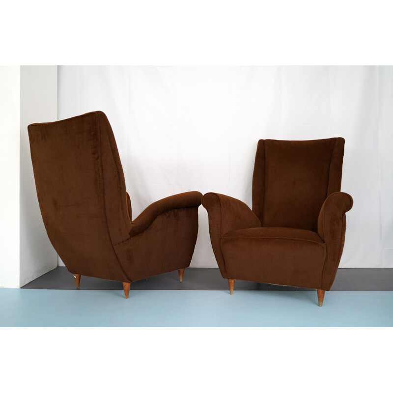 Pair of vintage Brown velvet Armchairs by Gio Ponti, Italian 1950s