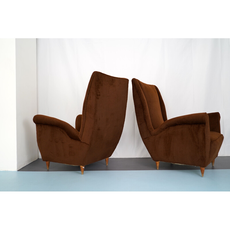 Pair of vintage Brown velvet Armchairs by Gio Ponti, Italian 1950s