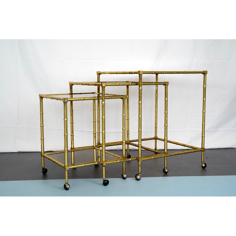 Vintage Tris of Faux Bamboo Gilded Brass Nesting Bar Cart, Italy 1960s