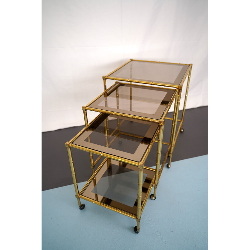 Vintage Tris of Faux Bamboo Gilded Brass Nesting Bar Cart, Italy 1960s