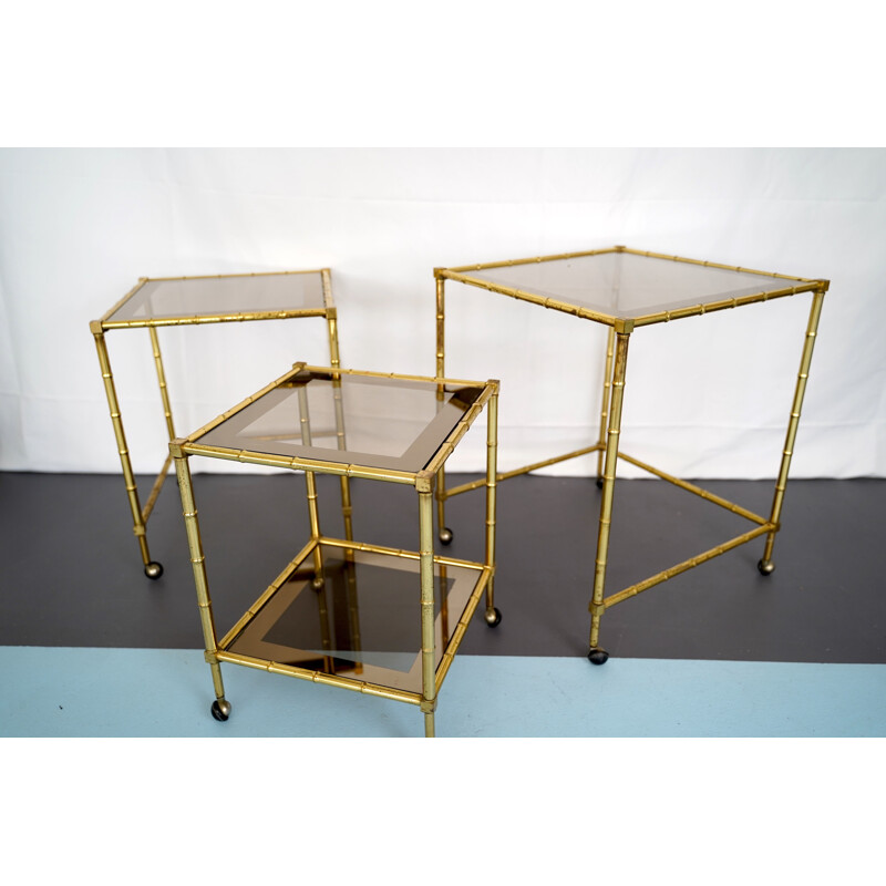 Vintage Tris of Faux Bamboo Gilded Brass Nesting Bar Cart, Italy 1960s