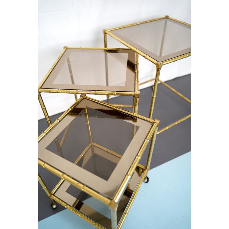 Vintage Tris of Faux Bamboo Gilded Brass Nesting Bar Cart, Italy 1960s