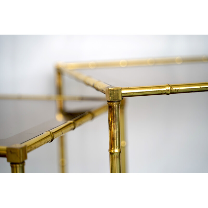 Vintage Tris of Faux Bamboo Gilded Brass Nesting Bar Cart, Italy 1960s
