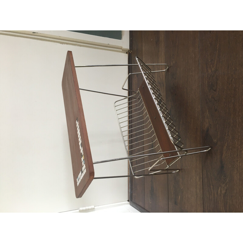 Vintage Teak and Metal Side Table with Magazine Rack, 1950