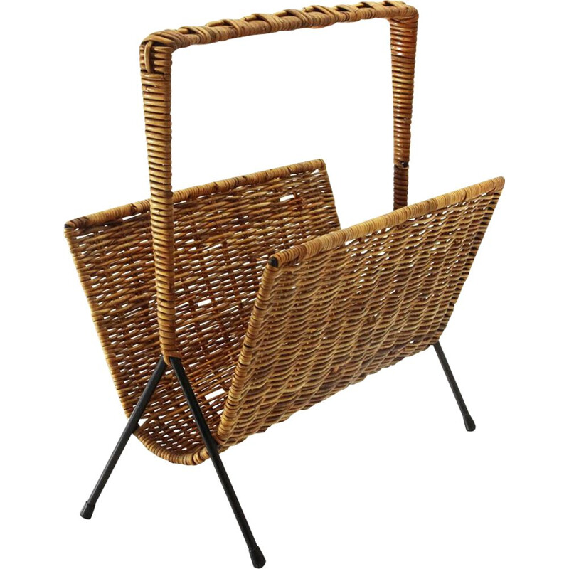 Vintage Black Metal and wicker magazine rack, 1950s