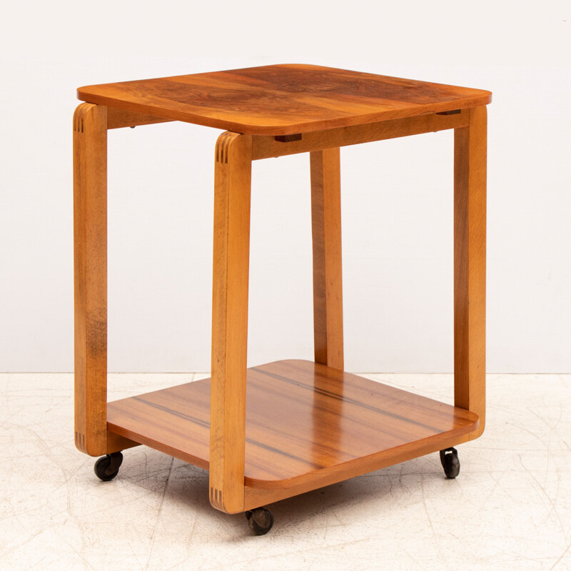 Vintage Figured Walnut Two Tier Side Table on Casters Art Deco, 1930