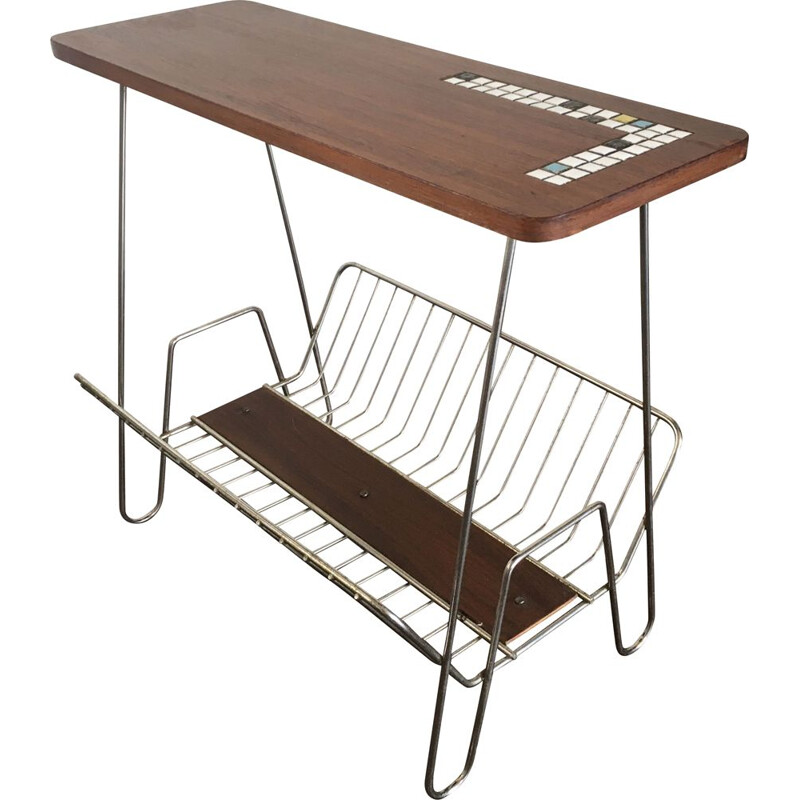 Vintage Teak and Metal Side Table with Magazine Rack, 1950