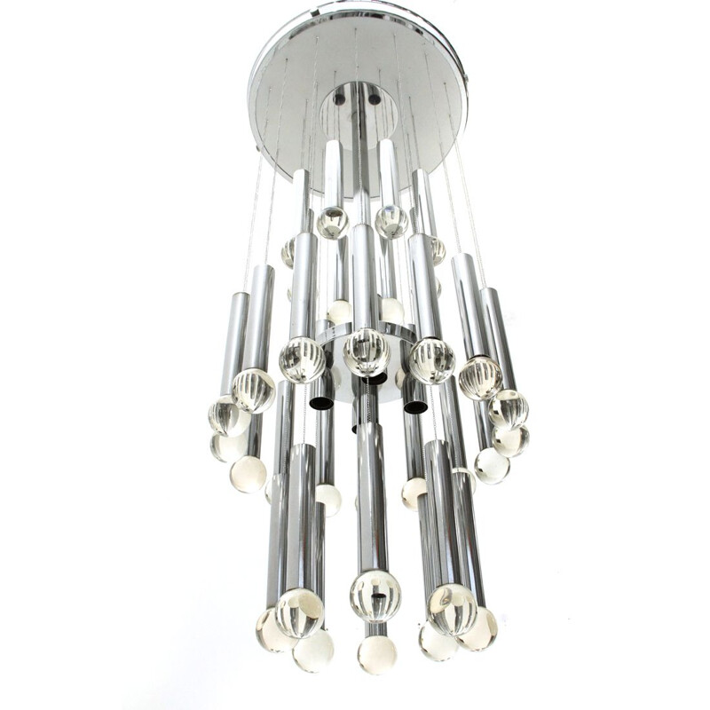 Vintage Chandelier in glass and chromed metal by Gaetano Sciolari for Sciolari, 1970s