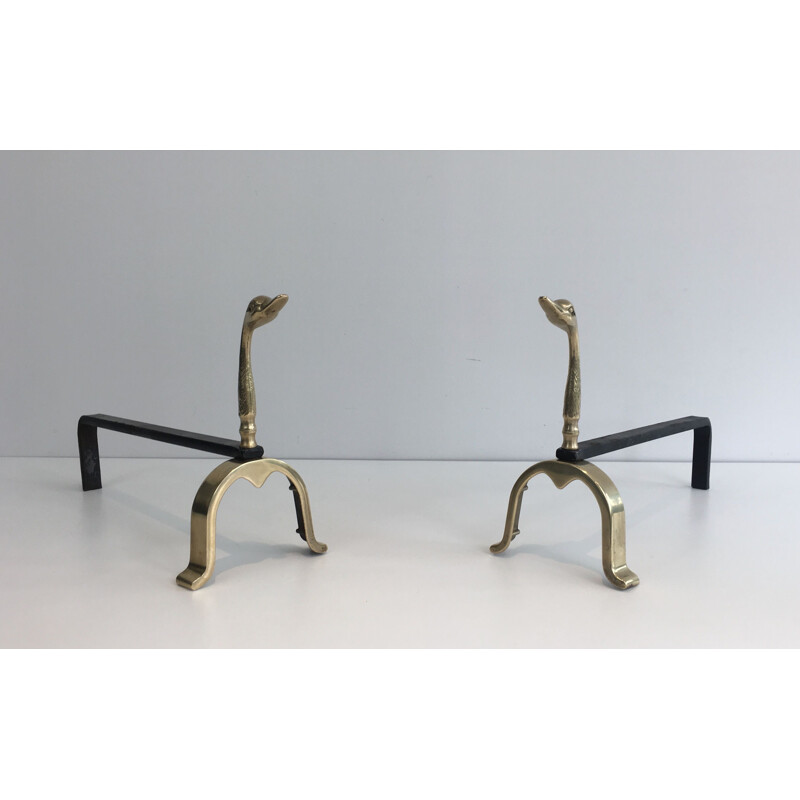 Pair of vintage brass andirons with ducks, 1970