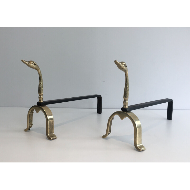 Pair of vintage brass andirons with ducks, 1970