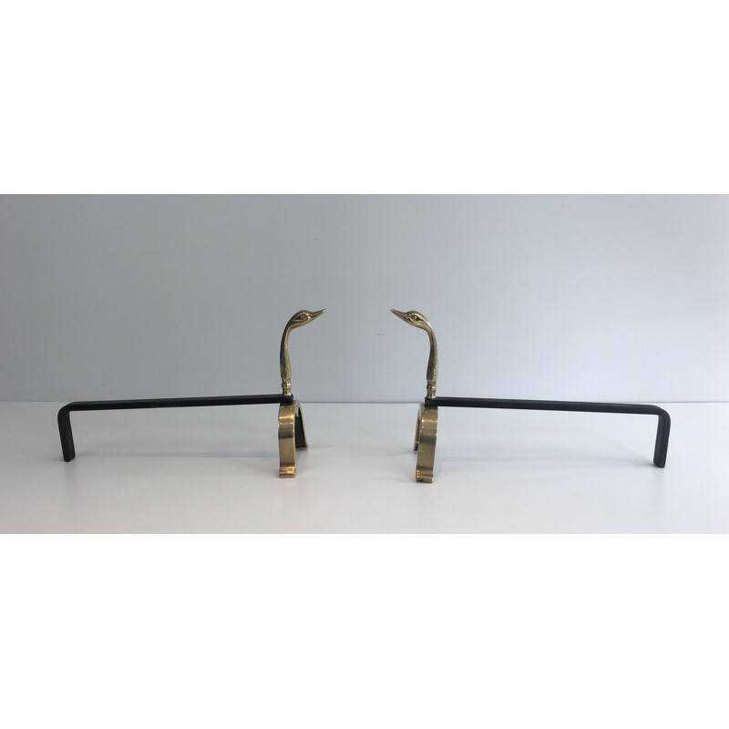 Coppia di candelabri d'epoca in ottone con anatre, 1970