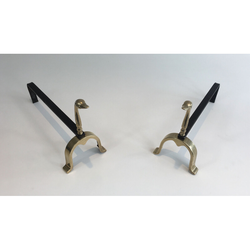 Pair of vintage brass andirons with ducks, 1970