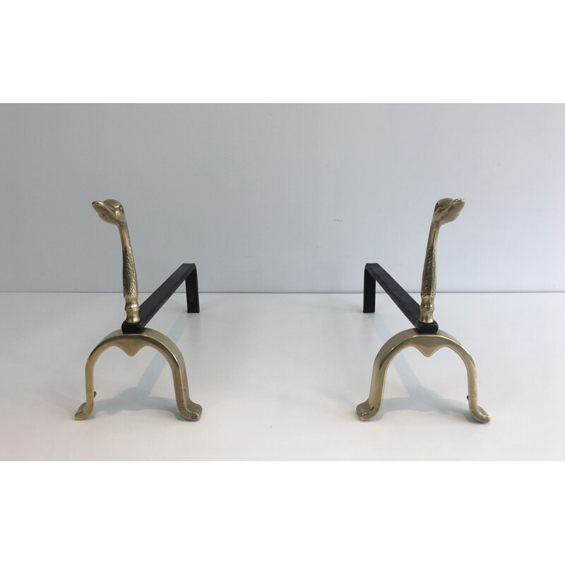 Pair of vintage brass andirons with ducks, 1970