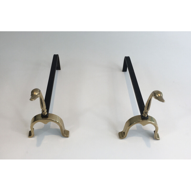 Pair of vintage brass andirons with ducks, 1970
