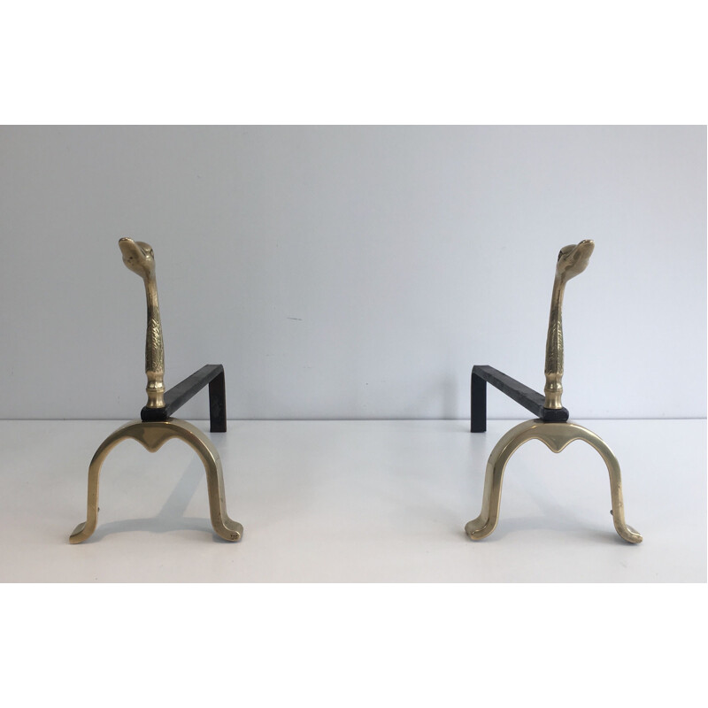 Pair of vintage brass andirons with ducks, 1970