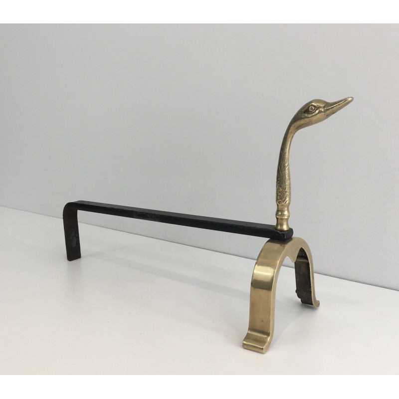 Pair of vintage brass andirons with ducks, 1970