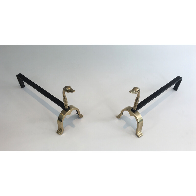 Pair of vintage brass andirons with ducks, 1970