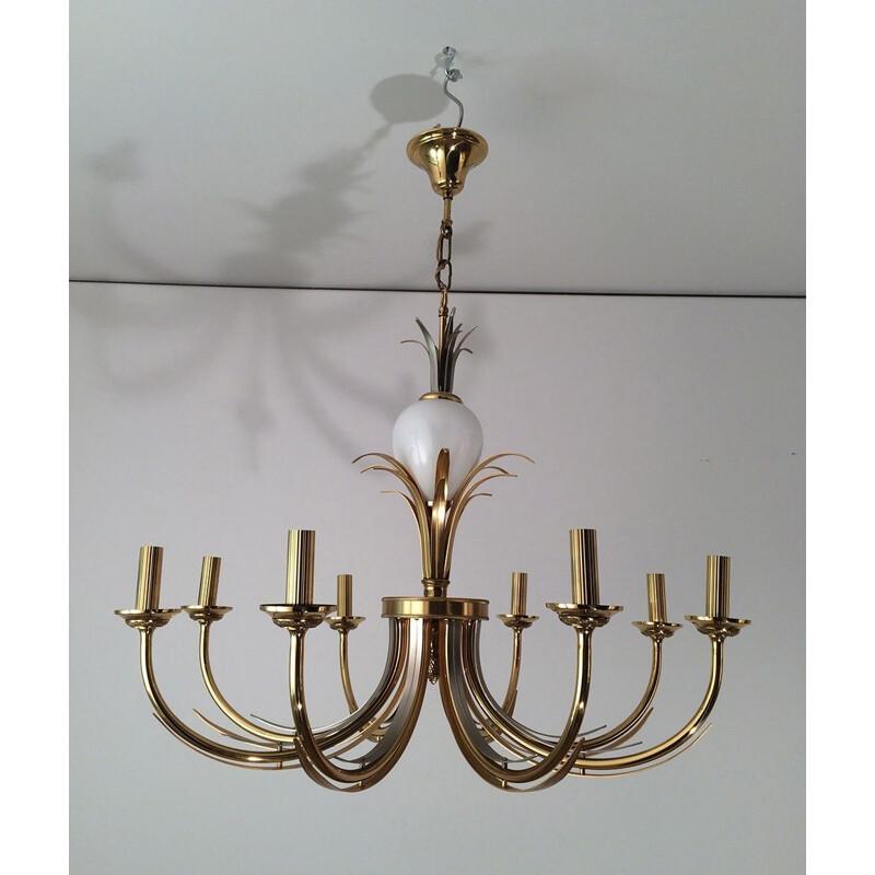 Vintage chandelier in gilded metal and white porcelain, 1970