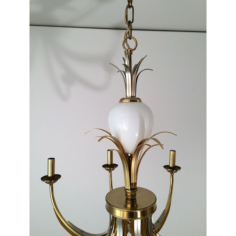 Lámpara vintage de metal dorado y porcelana blanca, 1970