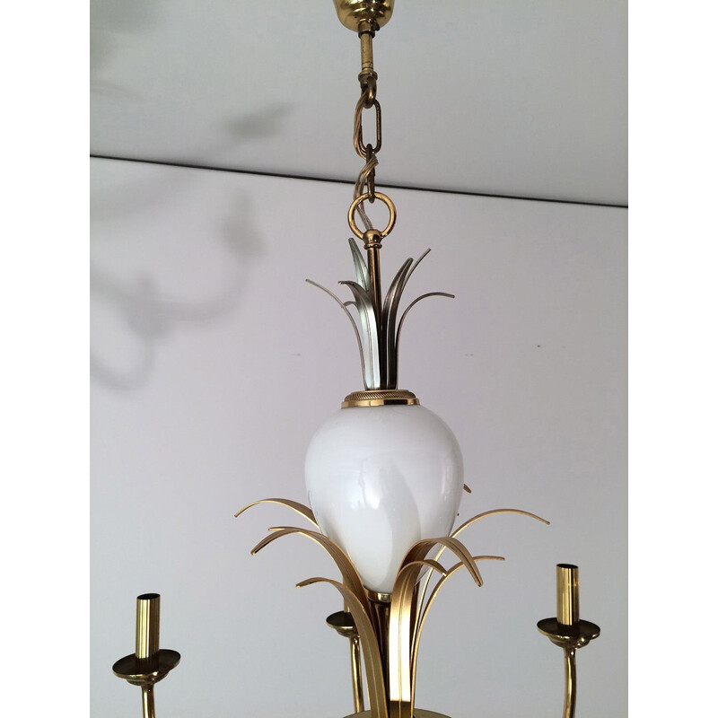 Vintage chandelier in gilded metal and white porcelain, 1970