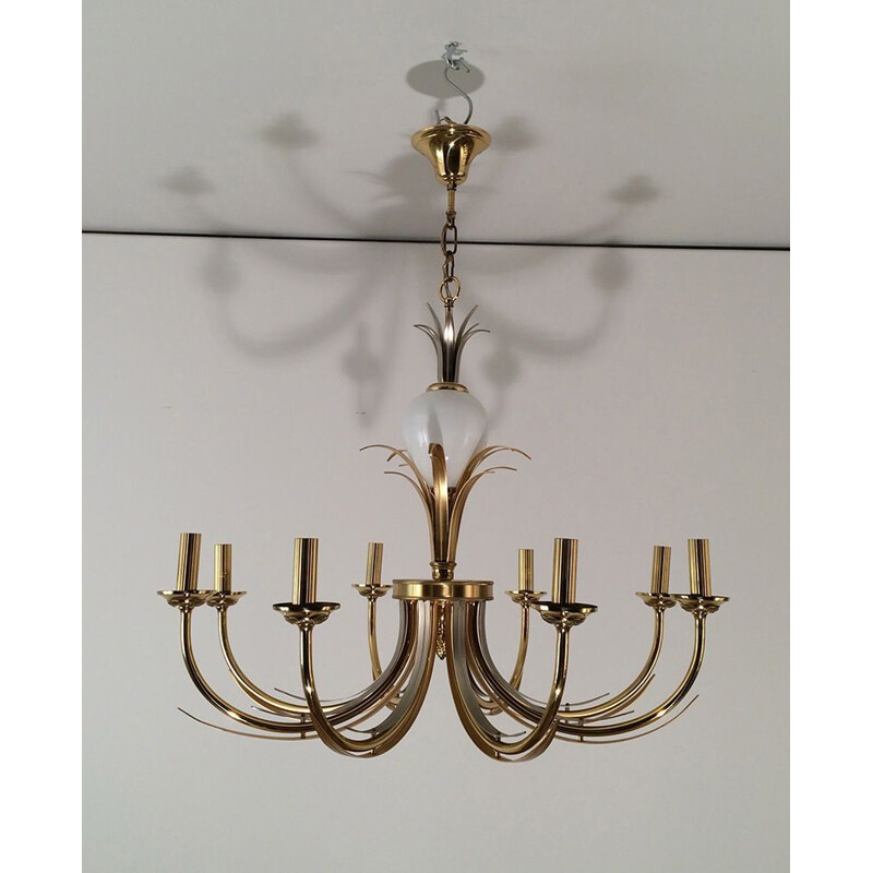 Vintage chandelier in gilded metal and white porcelain, 1970