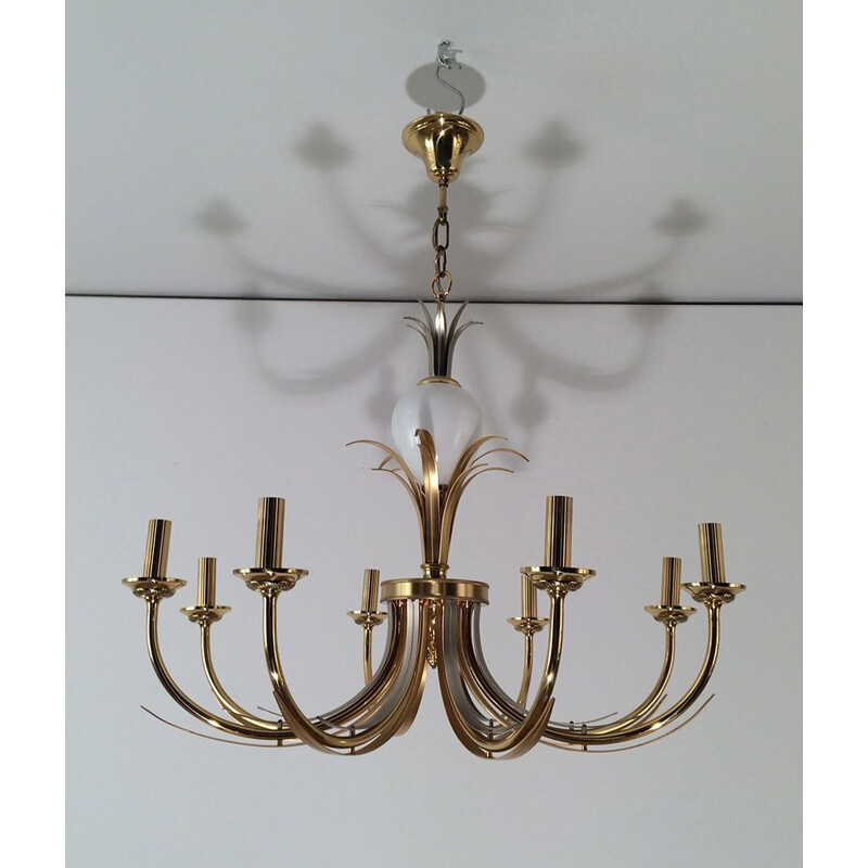 Vintage chandelier in gilded metal and white porcelain, 1970