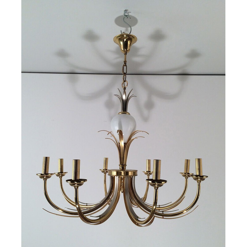 Vintage chandelier in gilded metal and white porcelain, 1970