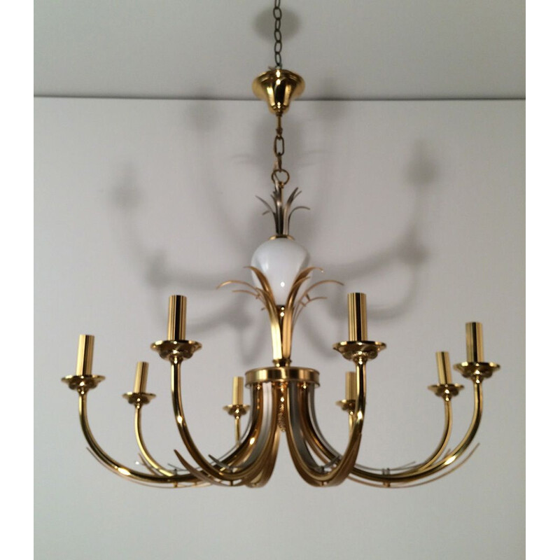 Vintage chandelier in gilded metal and white porcelain, 1970