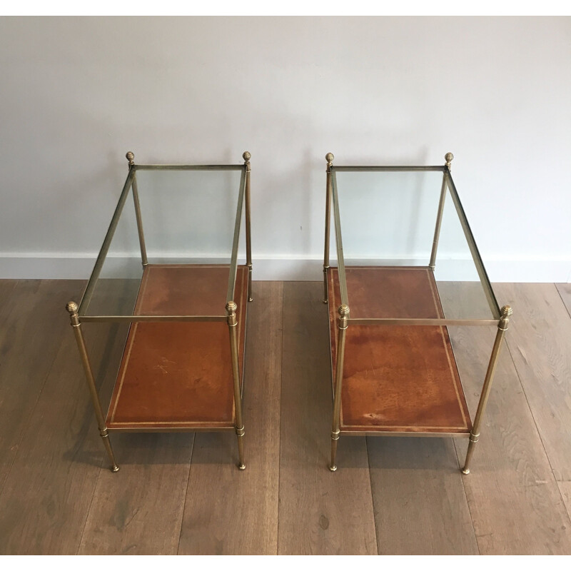 Pair of vintage mahogany brass and marble sofa ends