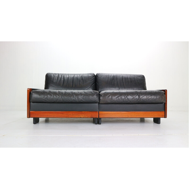 Vintage Black Leather 2-Seat Sofa for Cassina, 1960