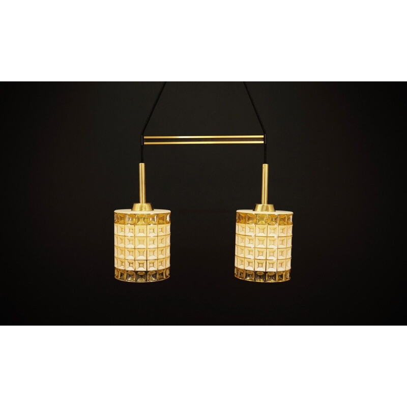 Vintage scandinavian chandelier glass in gold and white colour, 1960