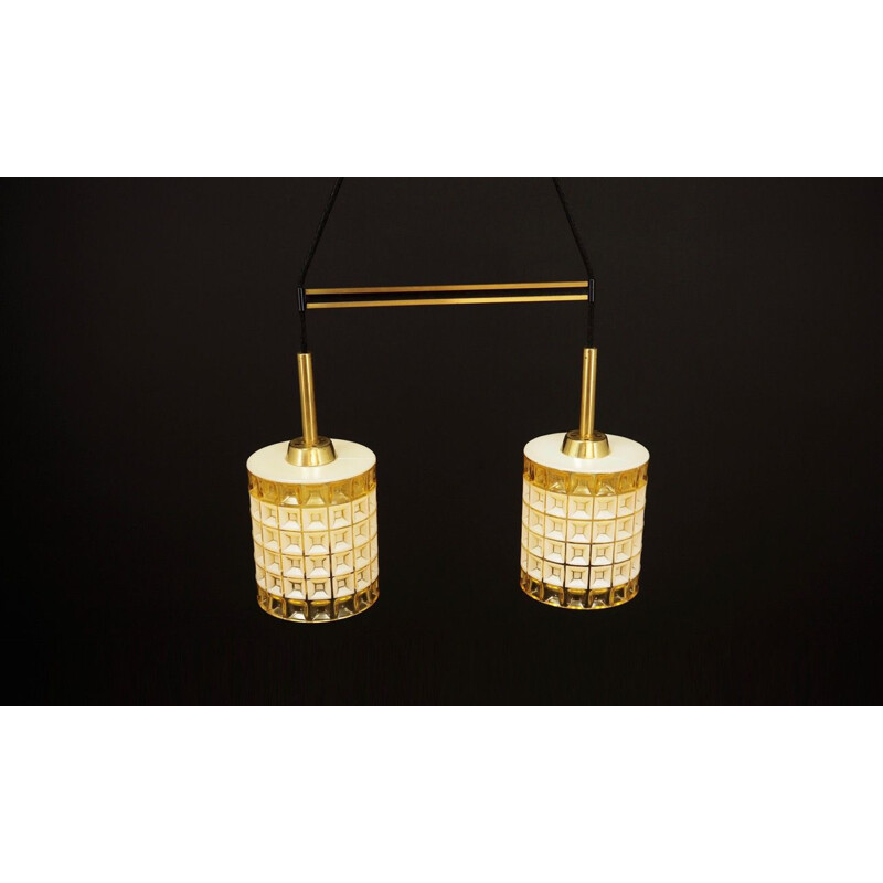 Vintage scandinavian chandelier glass in gold and white colour, 1960