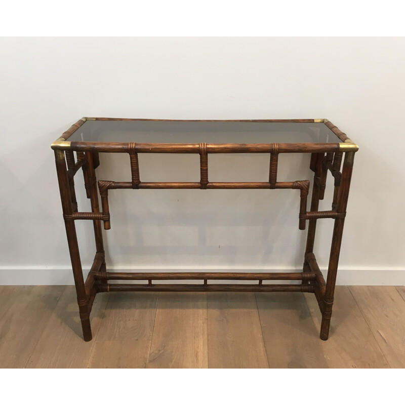 Vintage Bamboo Console With Brass Corners And Smoked Glass Top 1970