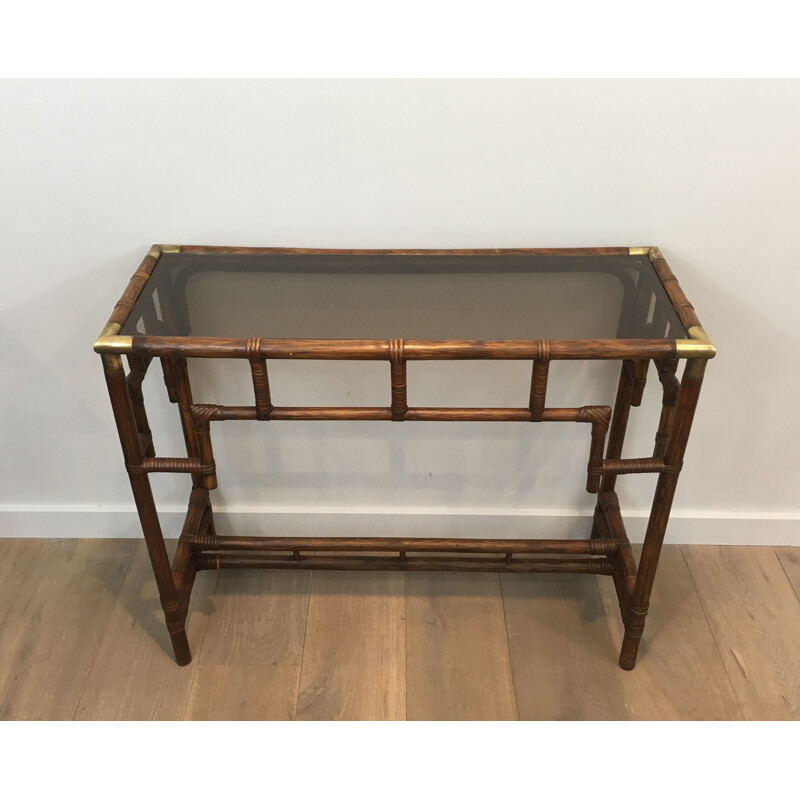 Vintage Bamboo Console With Brass Corners And Smoked Glass Top 1970