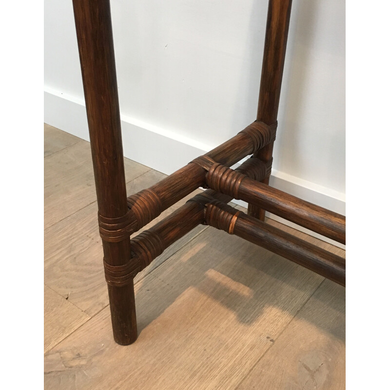 Vintage Bamboo Console With Brass Corners And Smoked Glass Top 1970