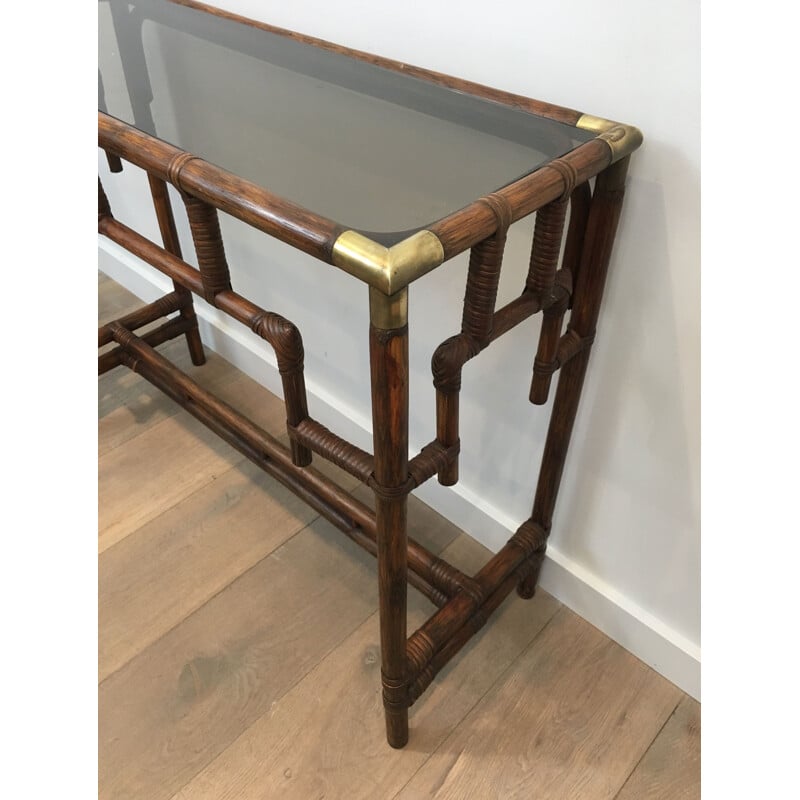 Vintage Bamboo Console With Brass Corners And Smoked Glass Top 1970