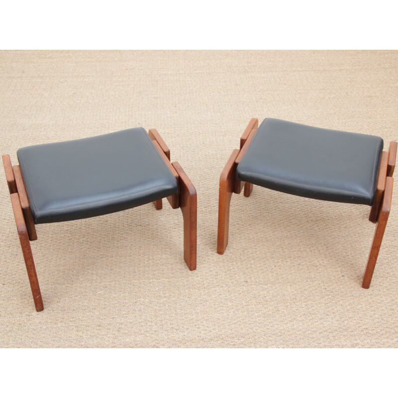 Pair of vintage teak and imitation leather stools 1960s