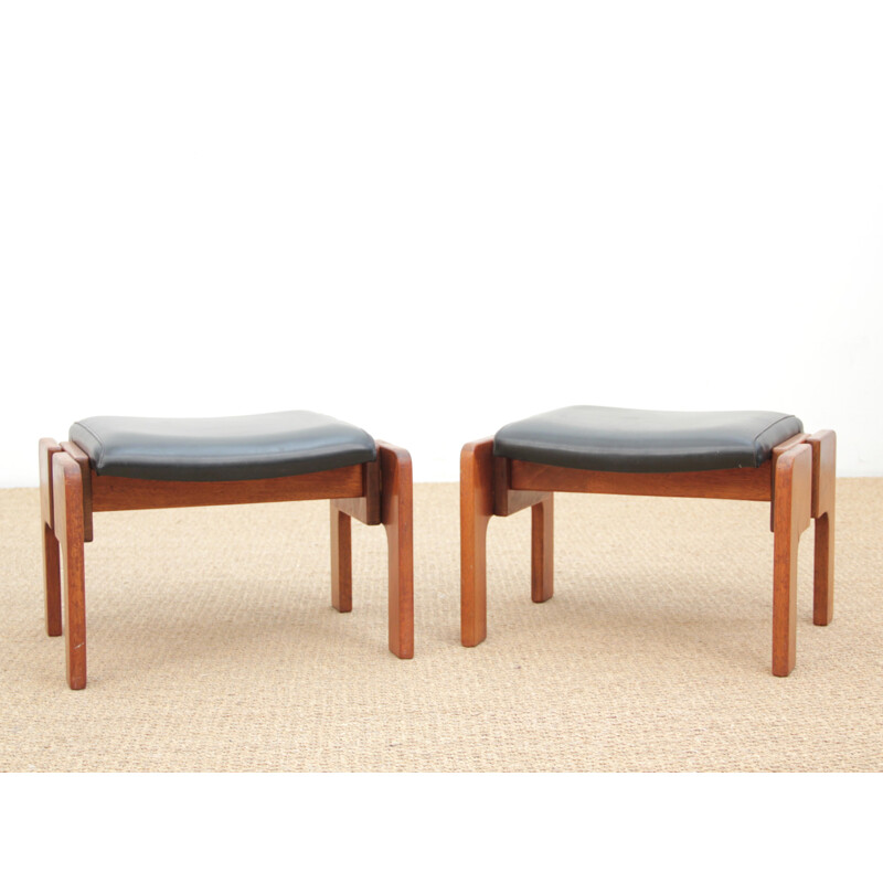 Pair of vintage teak and imitation leather stools 1960s