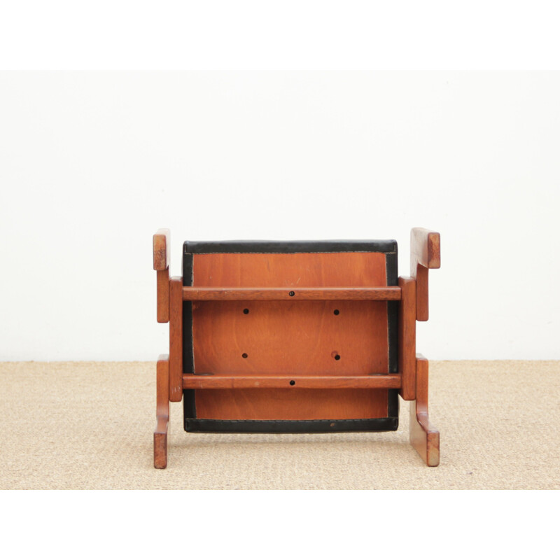 Pair of vintage teak and imitation leather stools 1960s