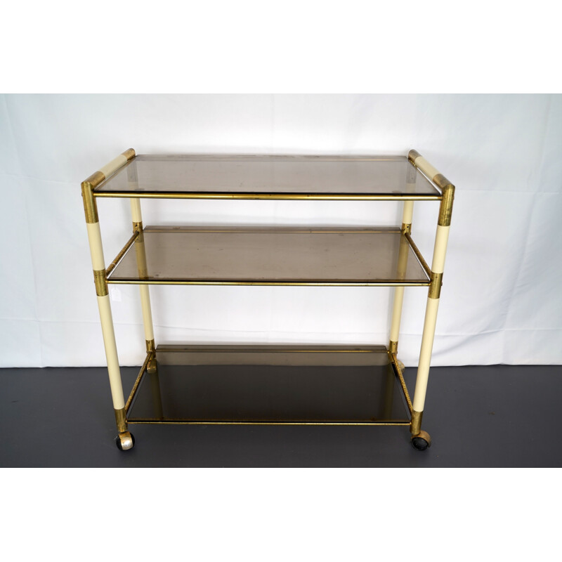 Vintage 3 shelves brass and lacquer trolley cart by Tommaso Barbi Italy 1970