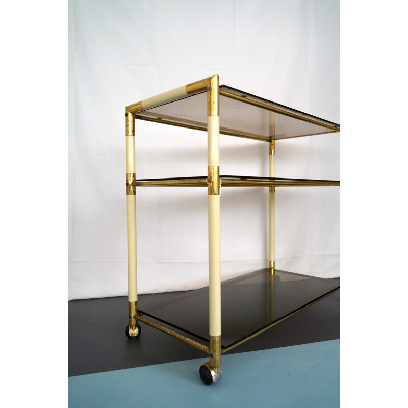 Vintage 3 shelves brass and lacquer trolley cart by Tommaso Barbi Italy 1970