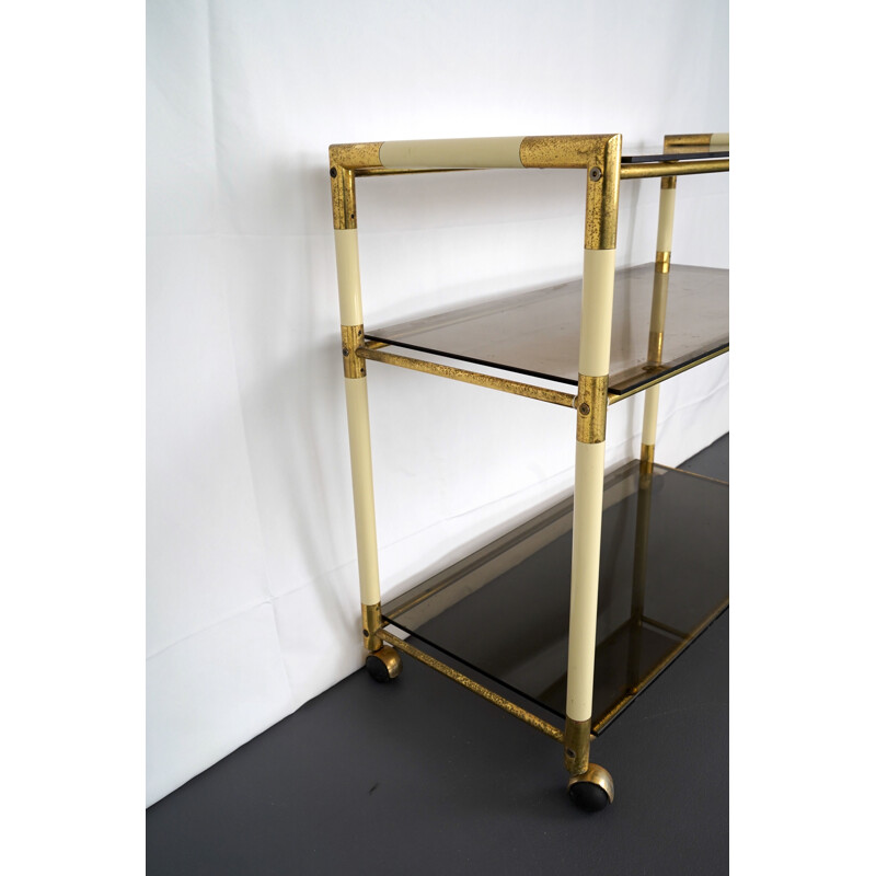Vintage 3 shelves brass and lacquer trolley cart by Tommaso Barbi Italy 1970