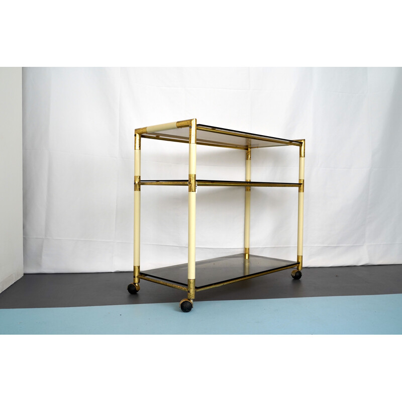 Vintage 3 shelves brass and lacquer trolley cart by Tommaso Barbi Italy 1970