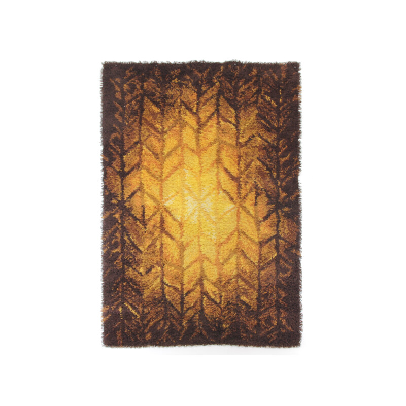 Scandinavian vintage rug "Rya" in virgin wool with orange and brown patterns, Sweden