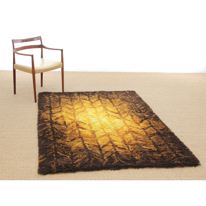 Scandinavian vintage rug "Rya" in virgin wool with orange and brown patterns, Sweden